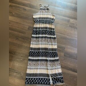 American Eagle Outfitters Black and Cream Patterned Halter Maxi Dress